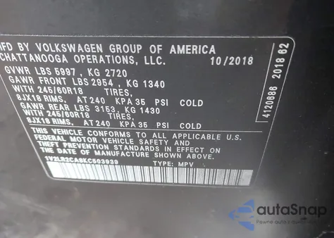 2019 Volkswagen Atlas 3.6L V6 Se z USA, uszkodzony, nr VIN 1V2LR2CA8KC503939